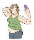 A pregnant or fat woman takes a selfie. vector illustration.